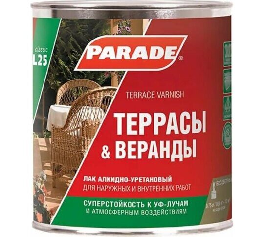 Лак алкидно-уретановый PARADE L25 Террасы & Веранды П/мат 0,75л Россия