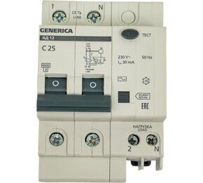 Дифавтомат АД12 2Р 25А 30мА GENERICA (MAD15-2-025-C-030)