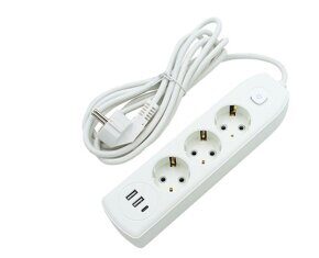 Удлинитель ERIKA-3 с выключателем на 3-евророзетки / 2-USB / 1-PD 3-метра 16А